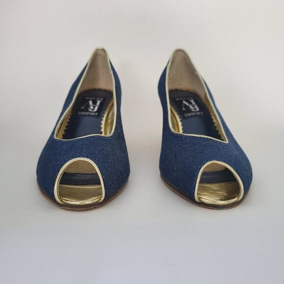 Aj Valenci Open Toe Comfort Blue Denim Wide Wedge Shoes - Picture 3 of 9